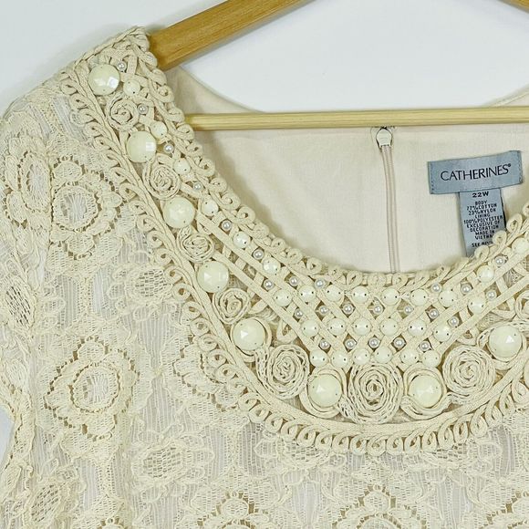 Catherines Ivory Lace Lined Beaded Collar Short Sleeve Sheath Dress Womens 2X - Picture 3 of 7